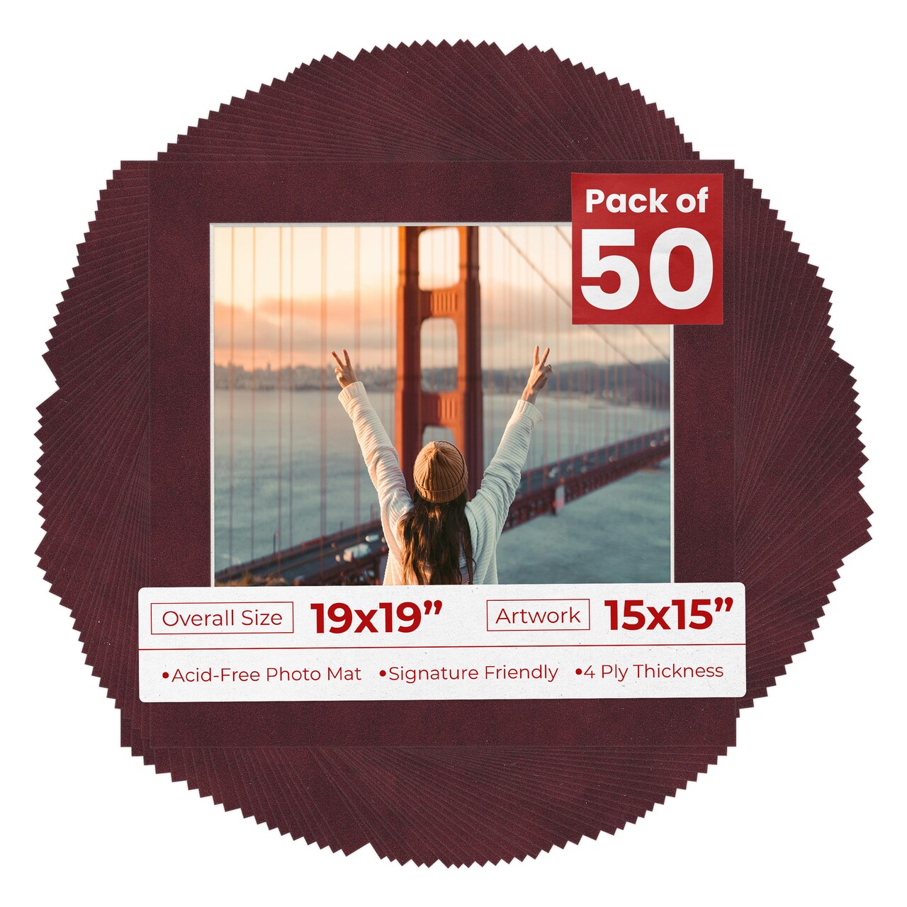 Dark Red Suede Mat Board for 19x19 Frames - Fits 15x15 Photos